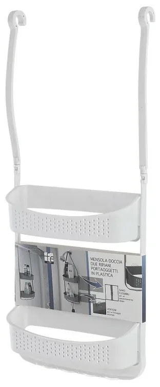 Mensola doccia bianco in PVC con 2 ripiani e ganci inferiori