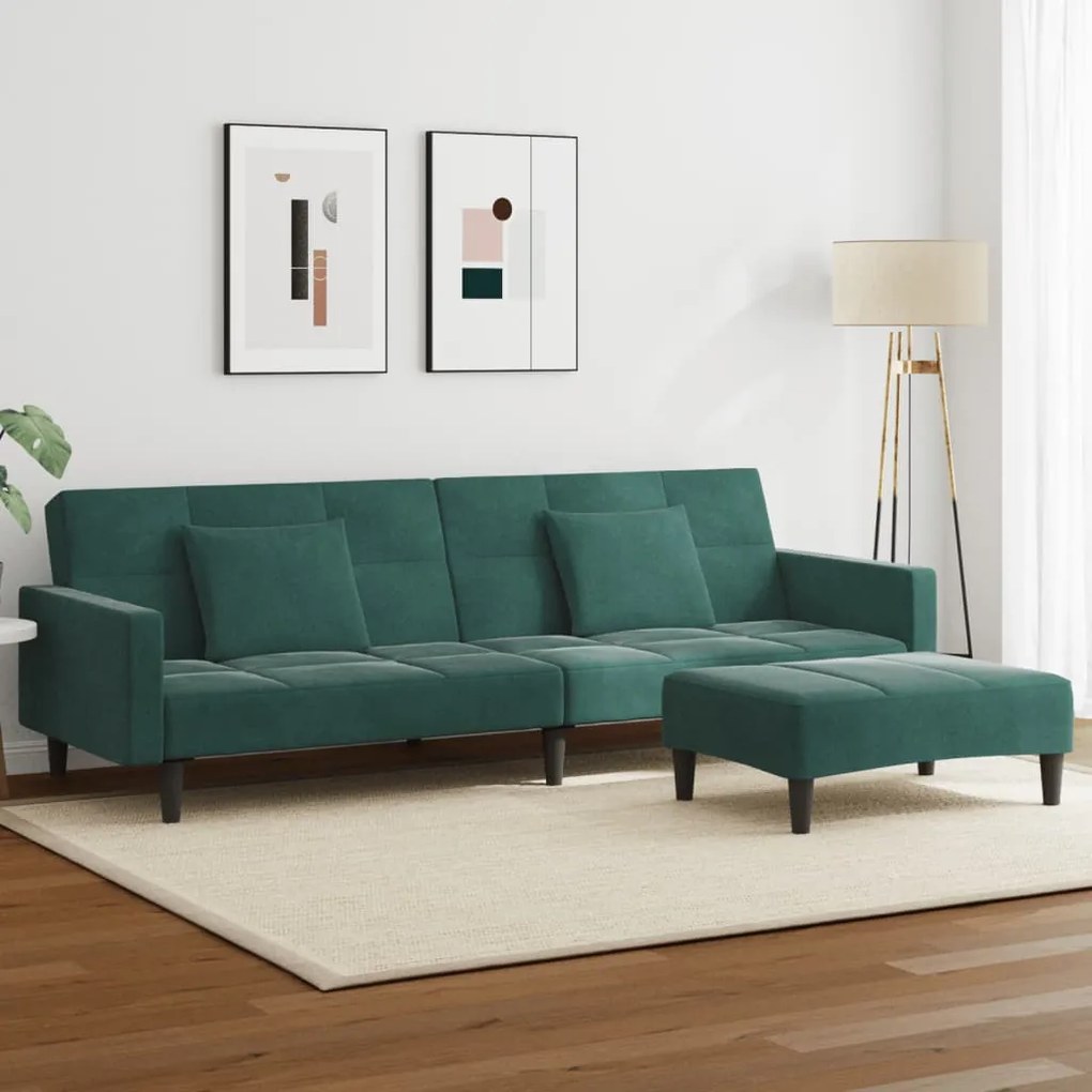Divano Letto A 2 Posti Con Poggiapiedi Verde Scuro İn Velluto /