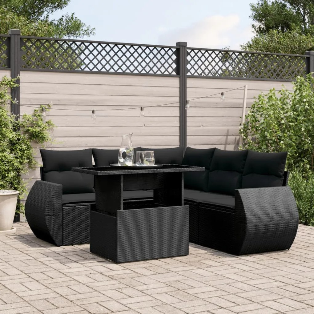 Set divano da giardino 6 pz con cuscini nero in polyrattan