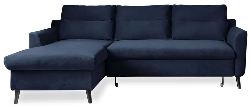 Divano letto angolare in velluto blu scuro, angolo sinistro Stylish Stan - Miuform