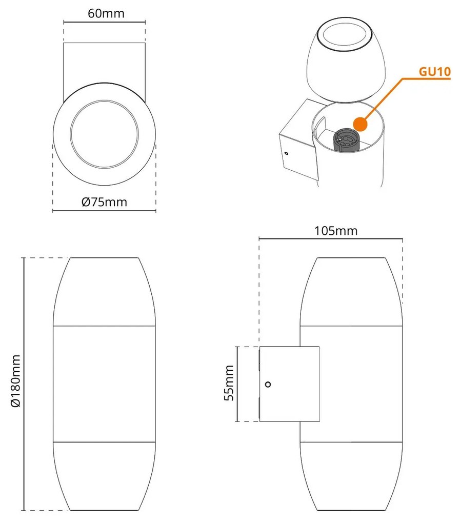 Applique Ovale Bidirezionale IP65 GU10 per esterni Grande - Bianca