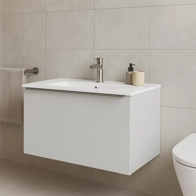 Mobile da bagno sospeso sotto lavabo Pixel plain 1 cassetto L 80 x H 40 x P 45.5 cm grigio pastello laccato opaco, con maniglia alluminio brillante