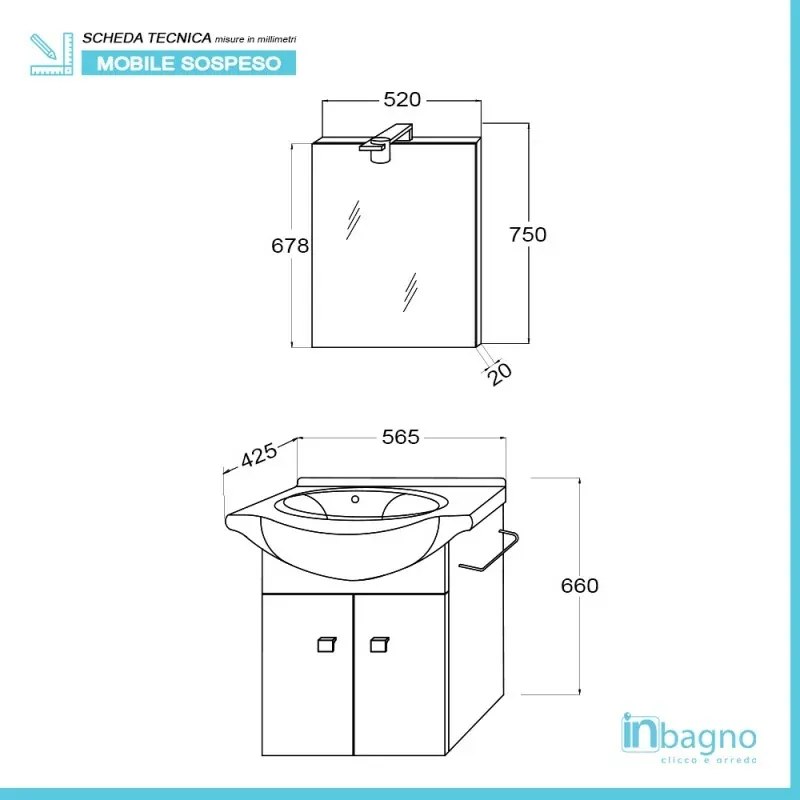 Mobiletto da bagno sospeso 55 cm rovere grigio con lavabo e specchio incluso