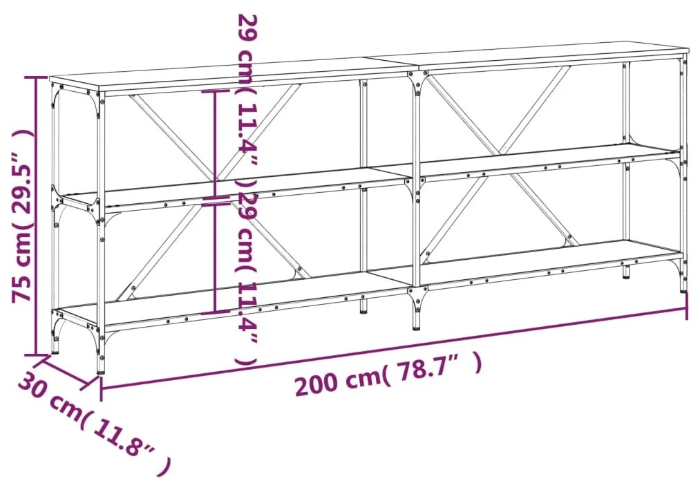 Tavolino Grigio Sonoma 200x30x75cm in Legno Multistrato e Ferro