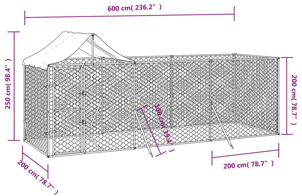 Cuccia cani da esterno tetto argento 6x2x2,5 m acciaio zincato