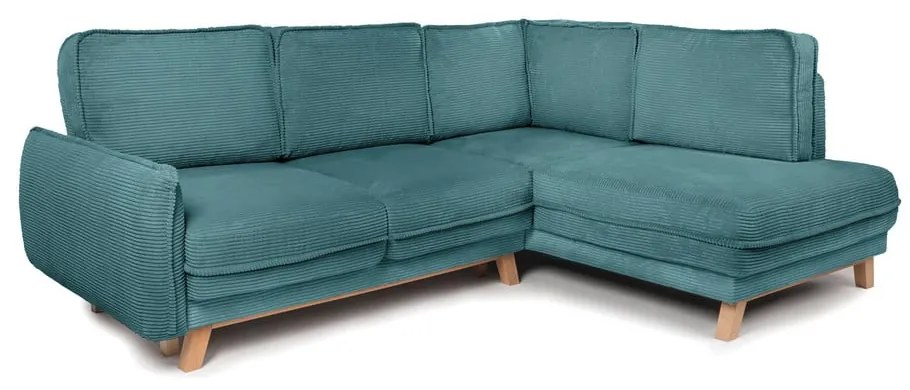 Divano angolare turchese allungabile (con penisola a destra) con rivestimento in velluto a coste Tori – Bonami Selection