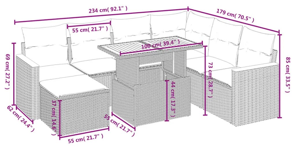 Set divano da giardino 8 pz con cuscini grigio in polyrattan