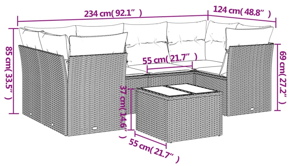 Set divani da giardino 7 pz con cuscini grigio in polyrattan