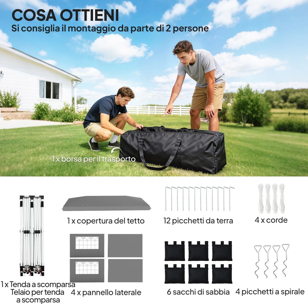 Gazebo Pieghevole 3x6 m con Pareti e Altezza Regolabile Protezione UV 50+ Grigio Chiaro...