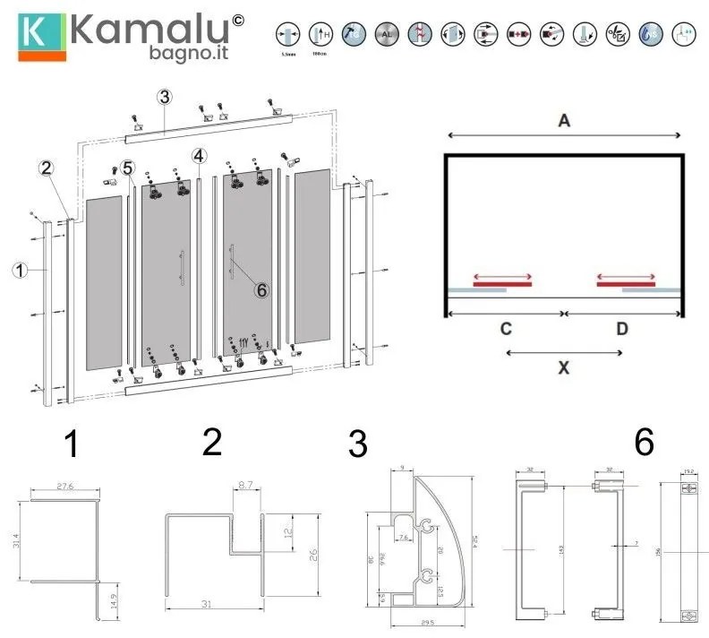 Kamalu - nicchia doccia 180cm doppio scorrevole altezza 180cm | kam-knf6000