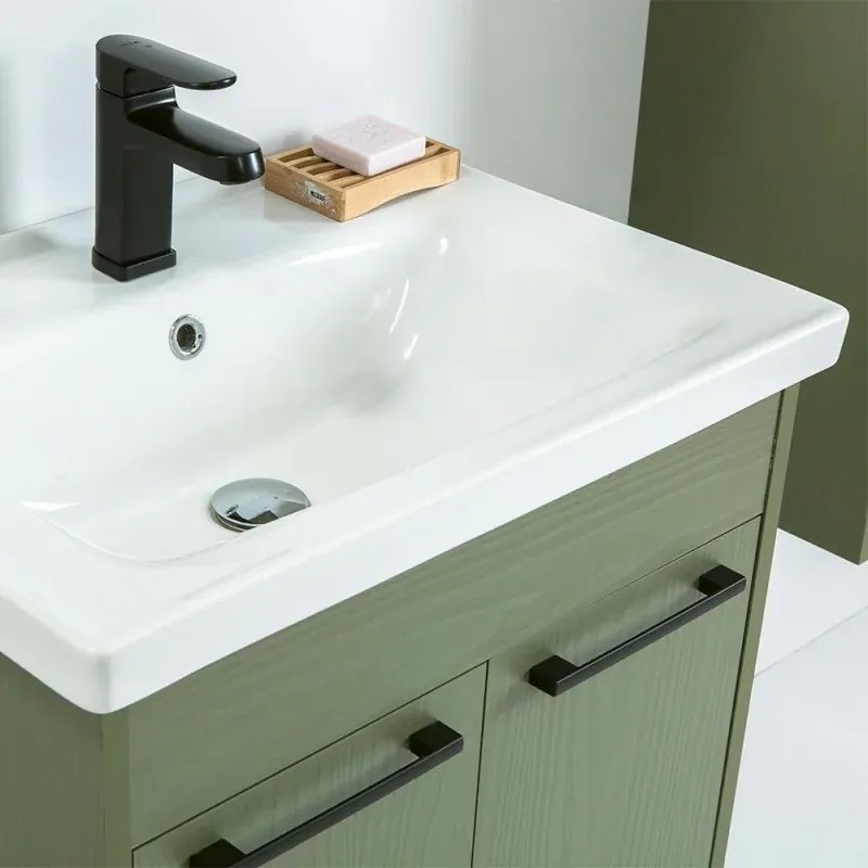 Mobile bagno sospeso 80 cm verde effetto legno con armadietto a specchio Sofia