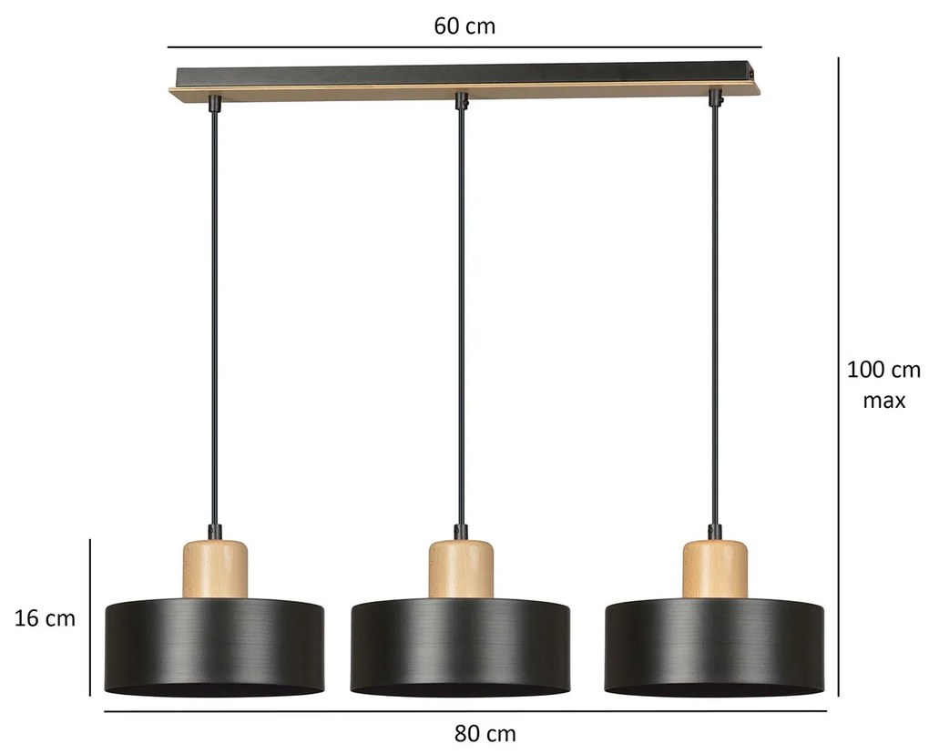 Sospensione Nordica 3 Luci Surya In Acciaio Nero E Legno