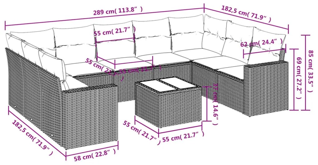 Set divano da giardino 10 pz con cuscini grigio in polyrattan