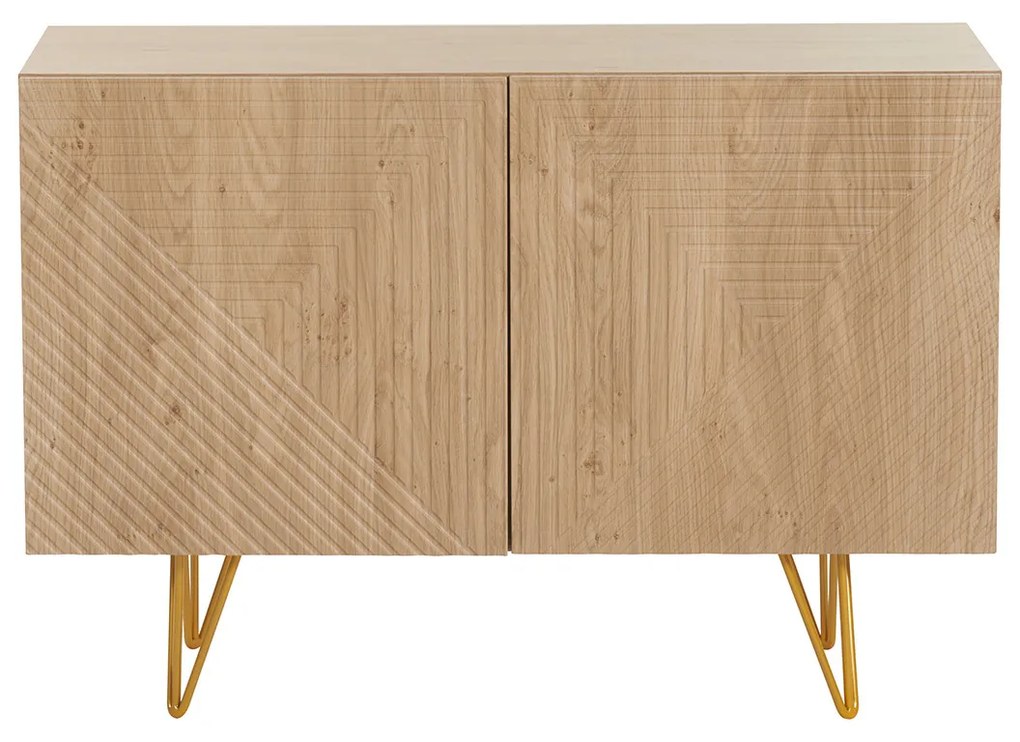 Credenza design con incisioni finitura legno chiaro rovere e metallo dorato 2 ante L107 cm OZEN