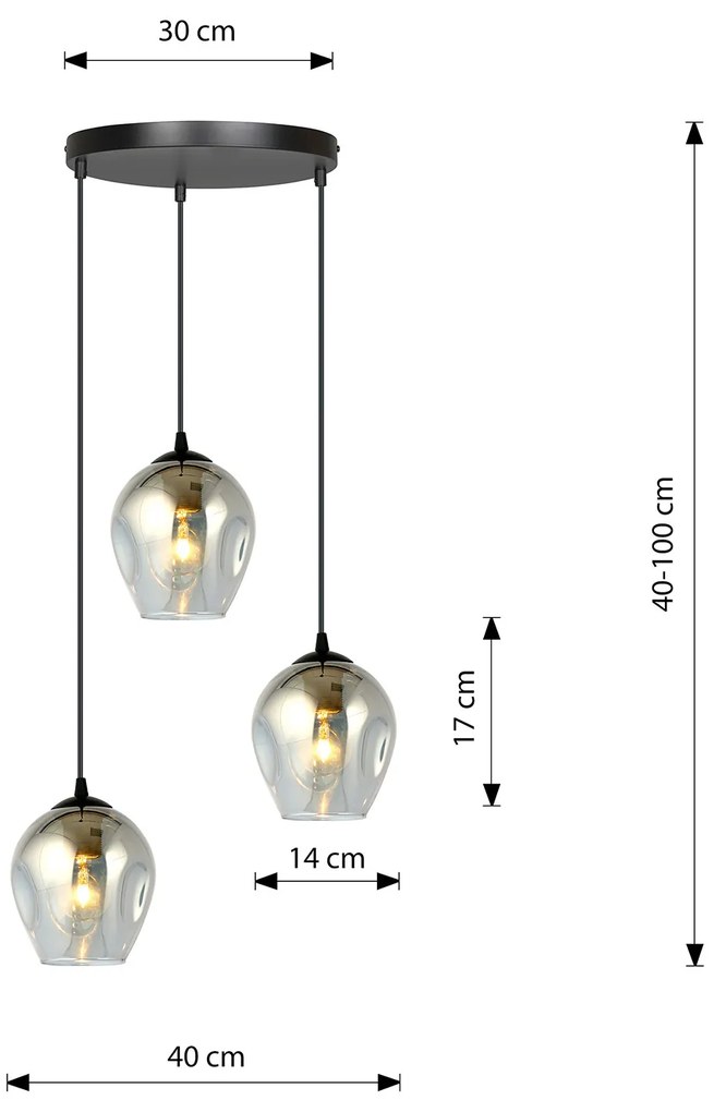 Lampadario 3 Luci Fuxi Base Tonda In Acciaio Nero E Vetri Fumè