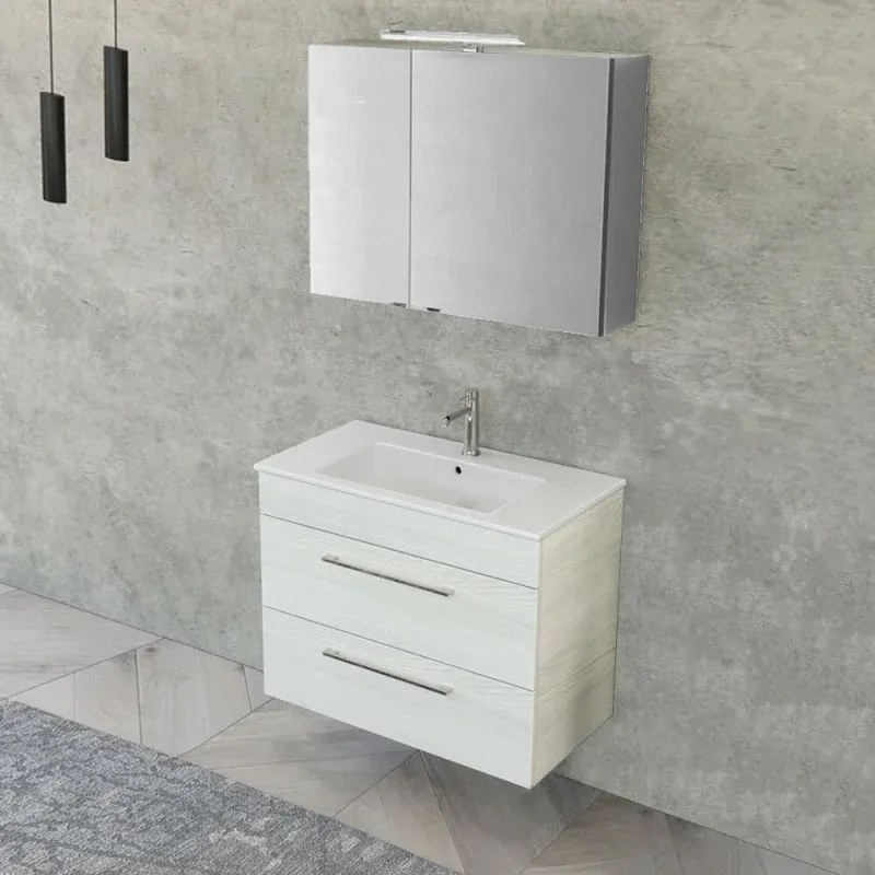 Mobile bagno sospeso 80 cm bianco legno con specchio contenitore Smart