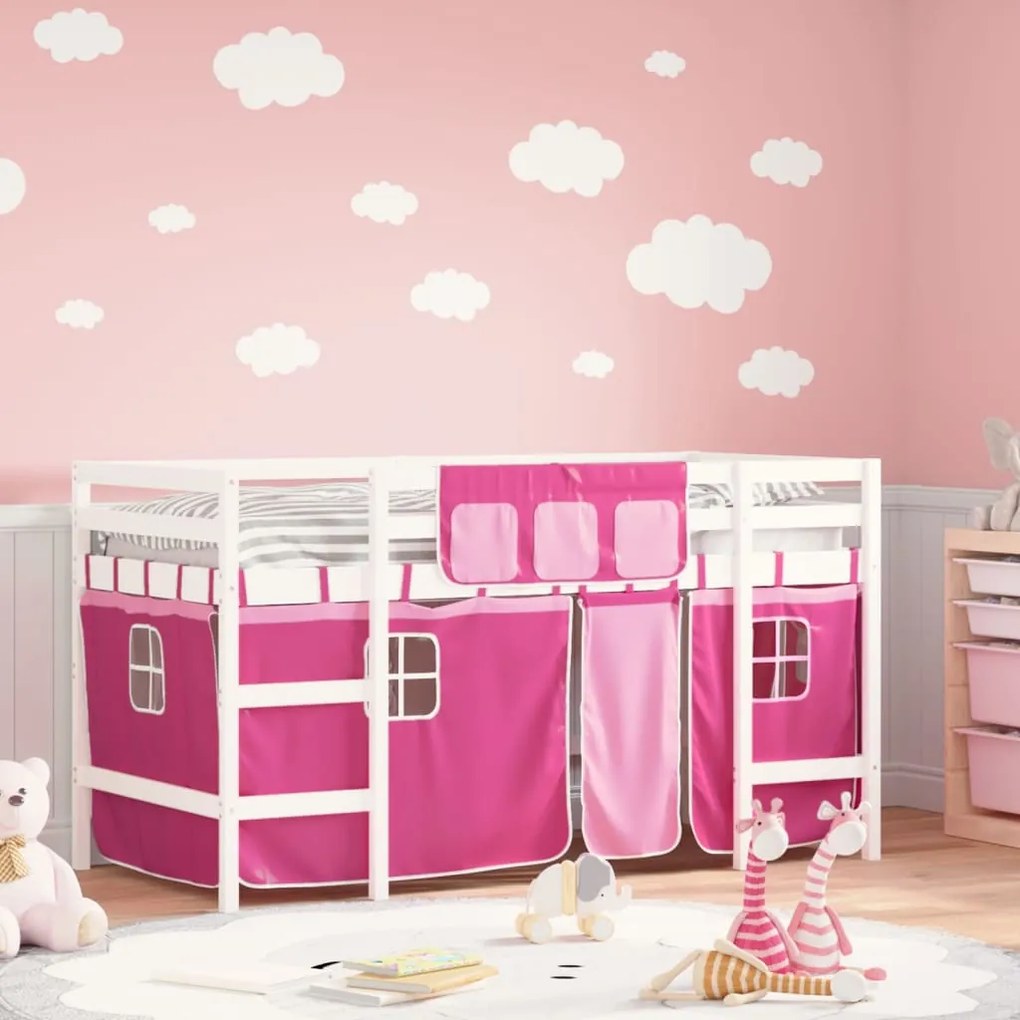 Letto a soppalco con tende bambini rosa 80x200 cm massello pino