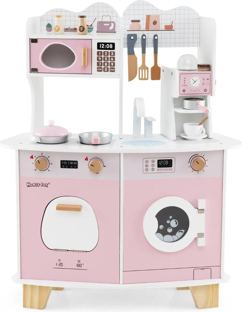 Costway Set cucina giocattolo in legno per bambini, Set cucina per bambini da 3+ anni Rosa