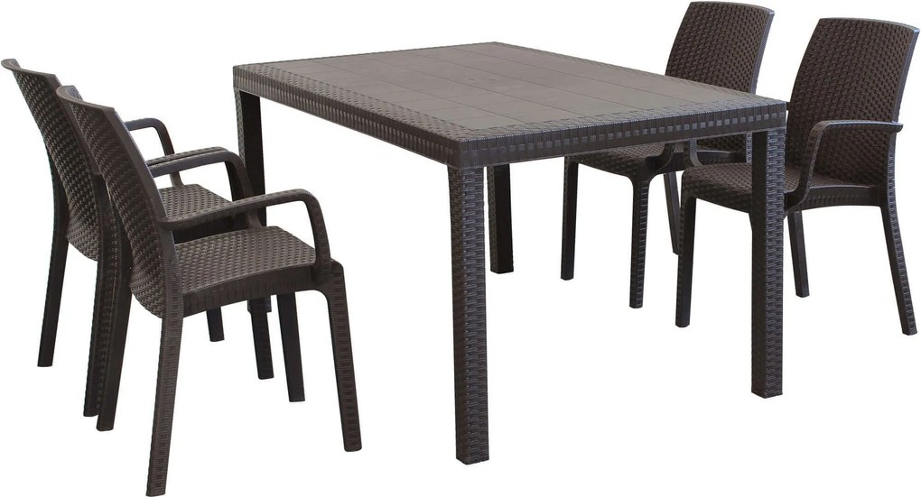 CALIGOLA - set tavolo in resina effetto rattan cm 150 x 90 x 74 h con 4 poltrone Alma