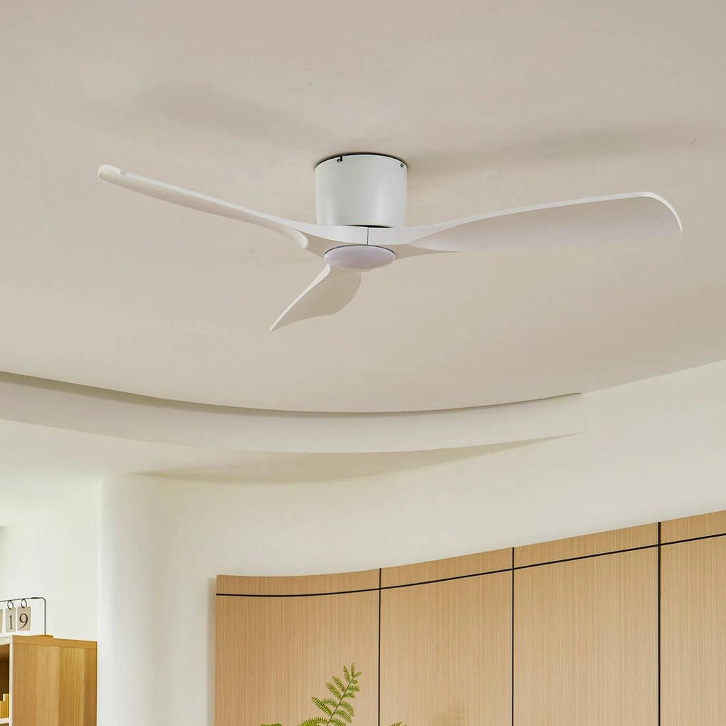 Ventilatore da soffitto LED Lucande Smart Moneno, bianco, DC, Tuya Moneno Lucande, dimmerabile, Bianco / Opale, Soggiorno / Sala da pranzo, Metallo, Moderno