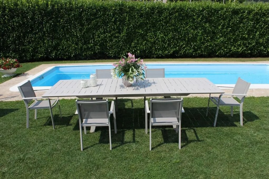 SPLENDOR - set tavolo in alluminio cm 200/300 x 110 x 75 h con 10 poltrone Splendor