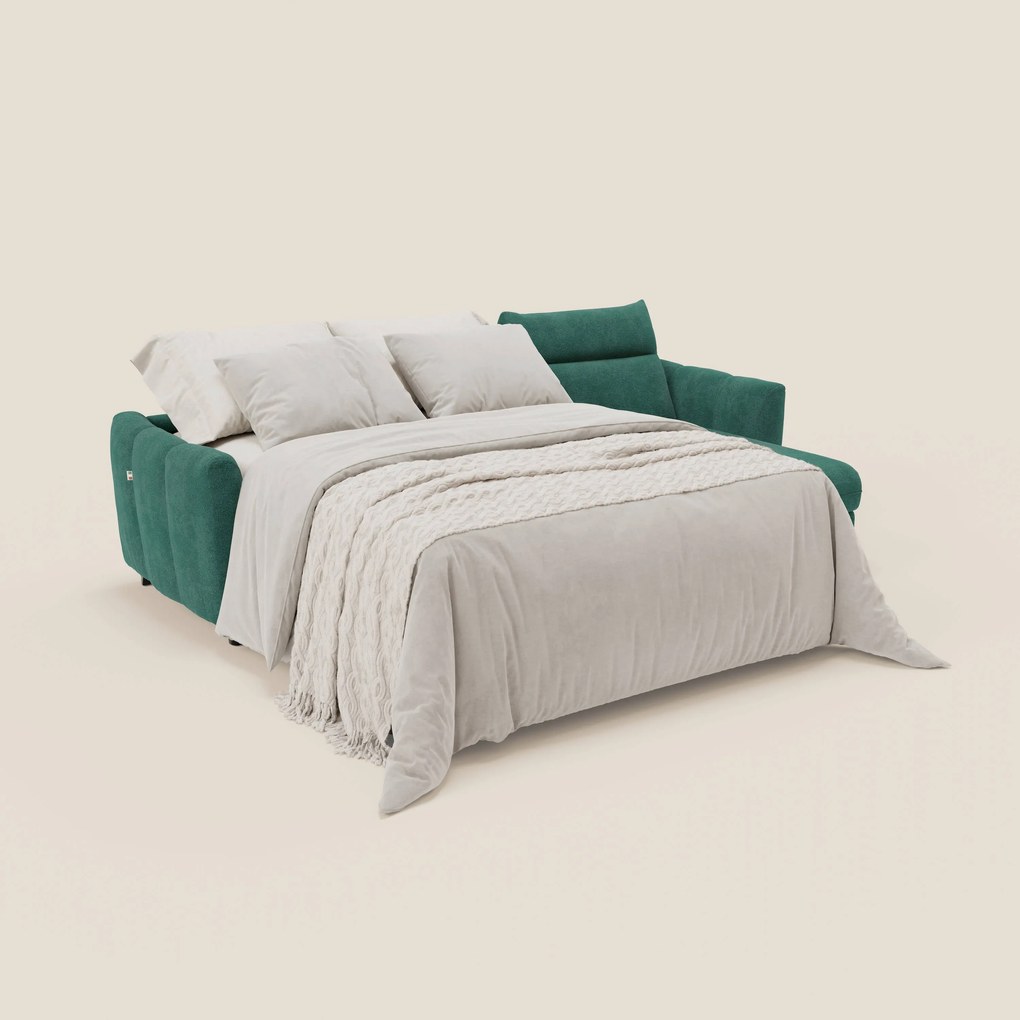 Peonia divano letto angolare con Penisola Contenitore - Materasso H18 cm in Bouclé Impermeabile T07 verde