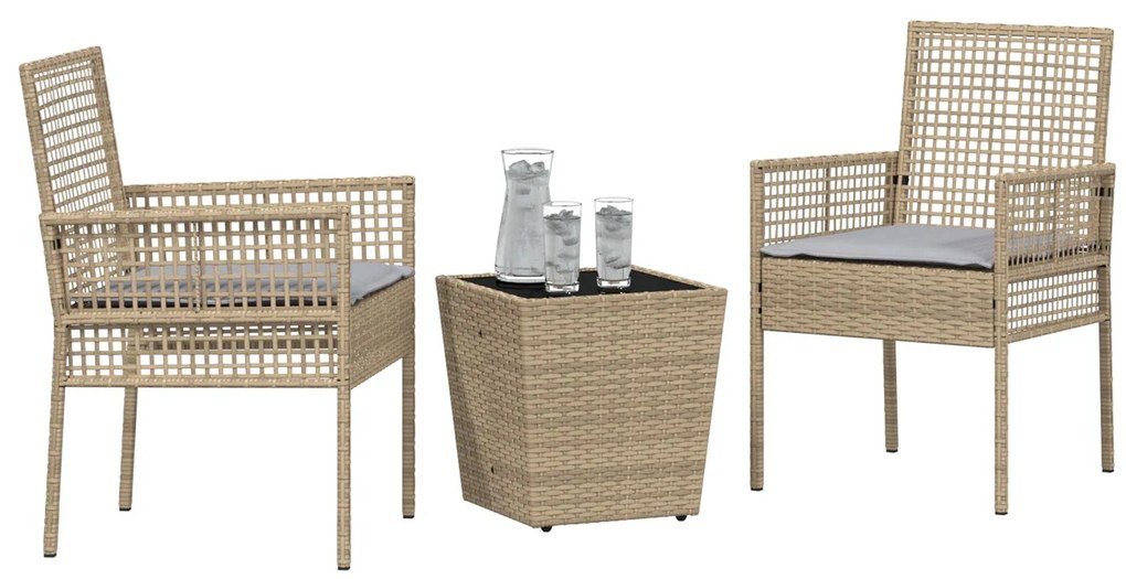 Set bistro da giardino 3 pezzi con cuscini beige in polyrattan