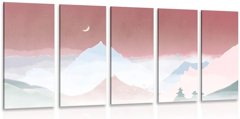 Quadri 5 pezzi – Luna sopra montagne pastello