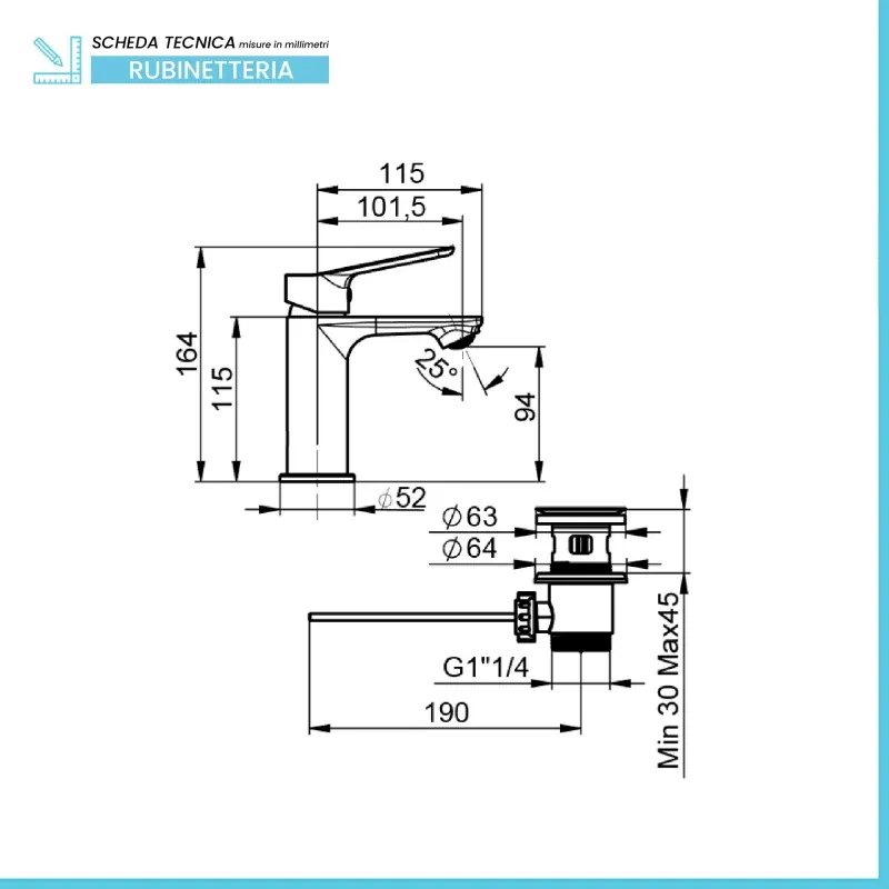 Miscelatore lavabo in ottone cromato con piletta Linea Aurora