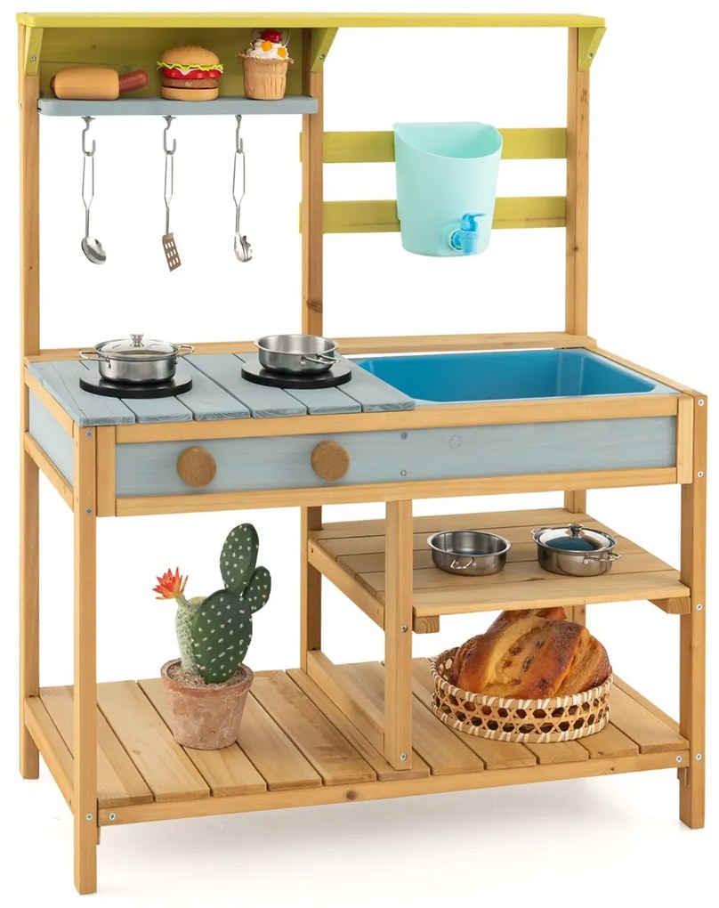 Costway Cucina giocattolo legno per bambini, Cucina con rubinetto serbatoio d'acqua lavello staccabile 75x35x92cm