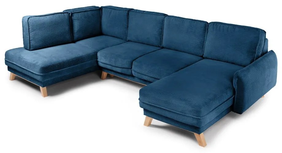 Divano angolare blu allungabile (con penisola a sinistra/a forma di "U") con rivestimento in velluto a coste Tori – Bonami Selection