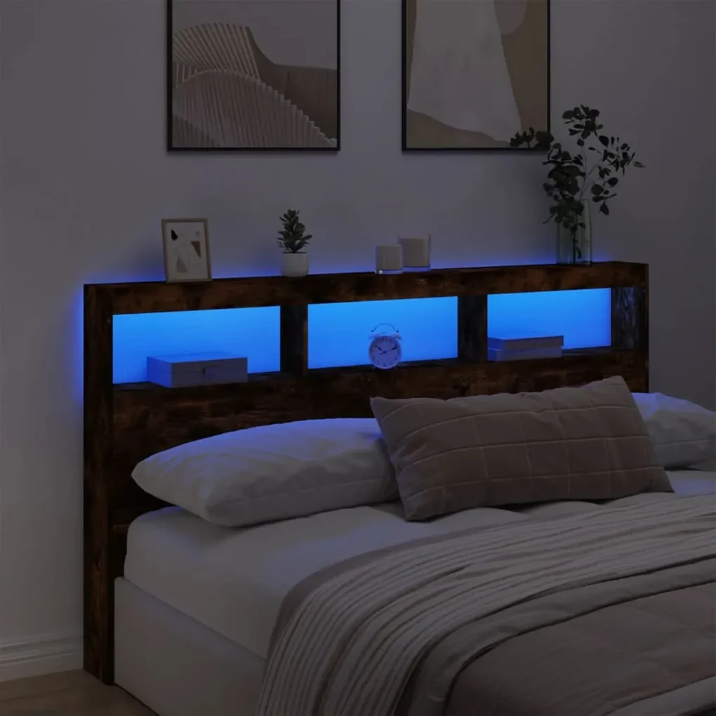 Testiera con contenitore a led rovere fumo 180x17x102 cm