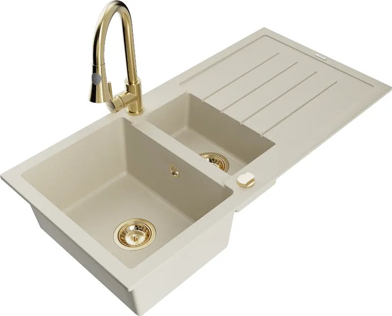 Mexen Andres lavello in granito 1,5 vasche con scolapiatti e miscelatore da cucina Elia, beige - 6515-69-670101-50