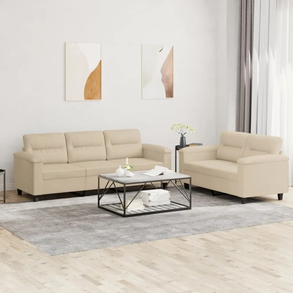 Set Divani 2 Pz Con Cuscini Crema İn Tessuto Microfibra /