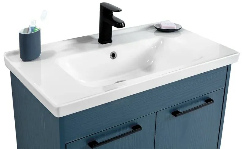 Mobile bagno sospeso 80 cm blu effetto legno con armadietto a specchio Sofia