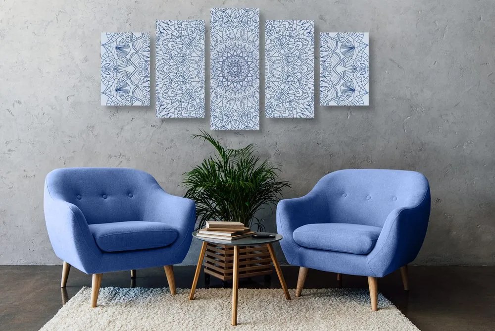 Quadri 5 pezzi – Mandala decorativa dettagliata in blu
