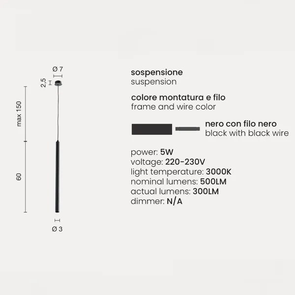 Lampada a sospensione TUBE in metallo con fonte luminosa a LED NERO