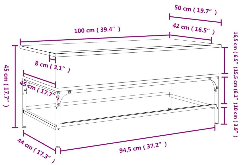 Tavolino Rovere Fumo 100x50x45cm in Legno Multistrato e Metallo