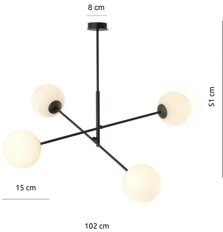 Lampadario a Sospensione in Acciaio e Vetro LINEAR 4 Nero 4xE14 Colore delle Sfere Bianco