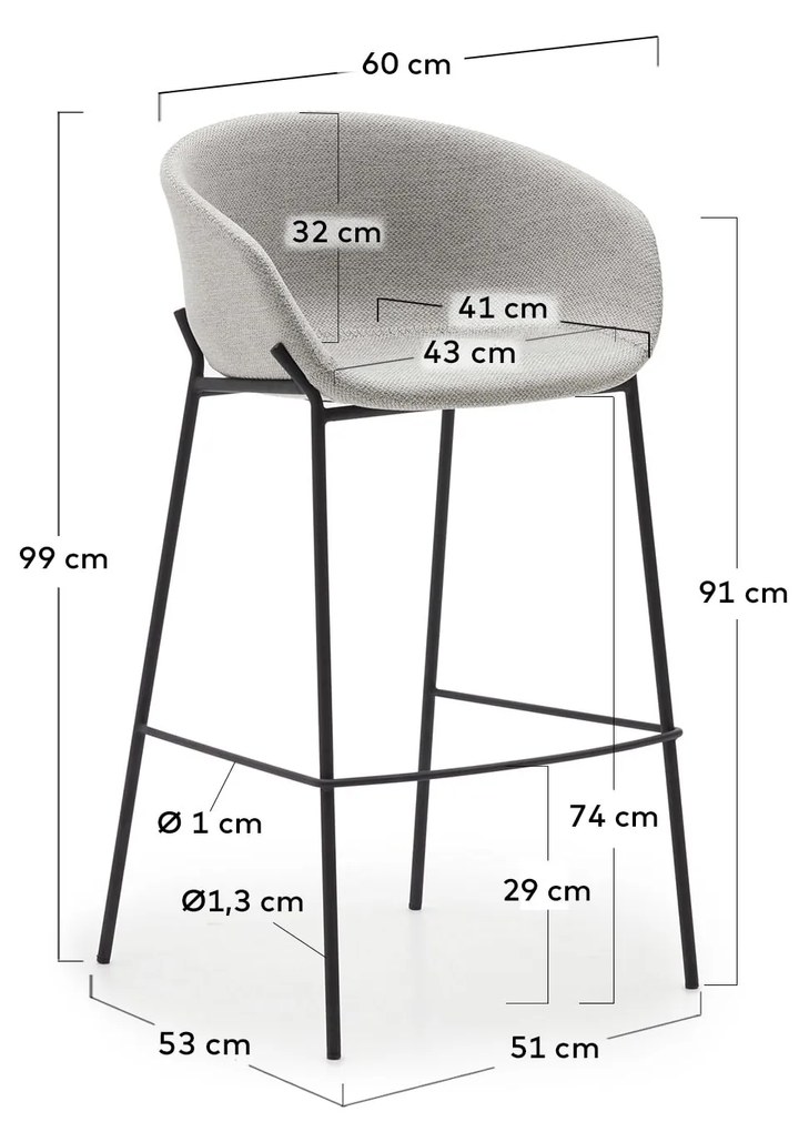 Kave Home - Sgabello Yvette grigio chiaro e gambe in acciaio nero altezza 75 cm