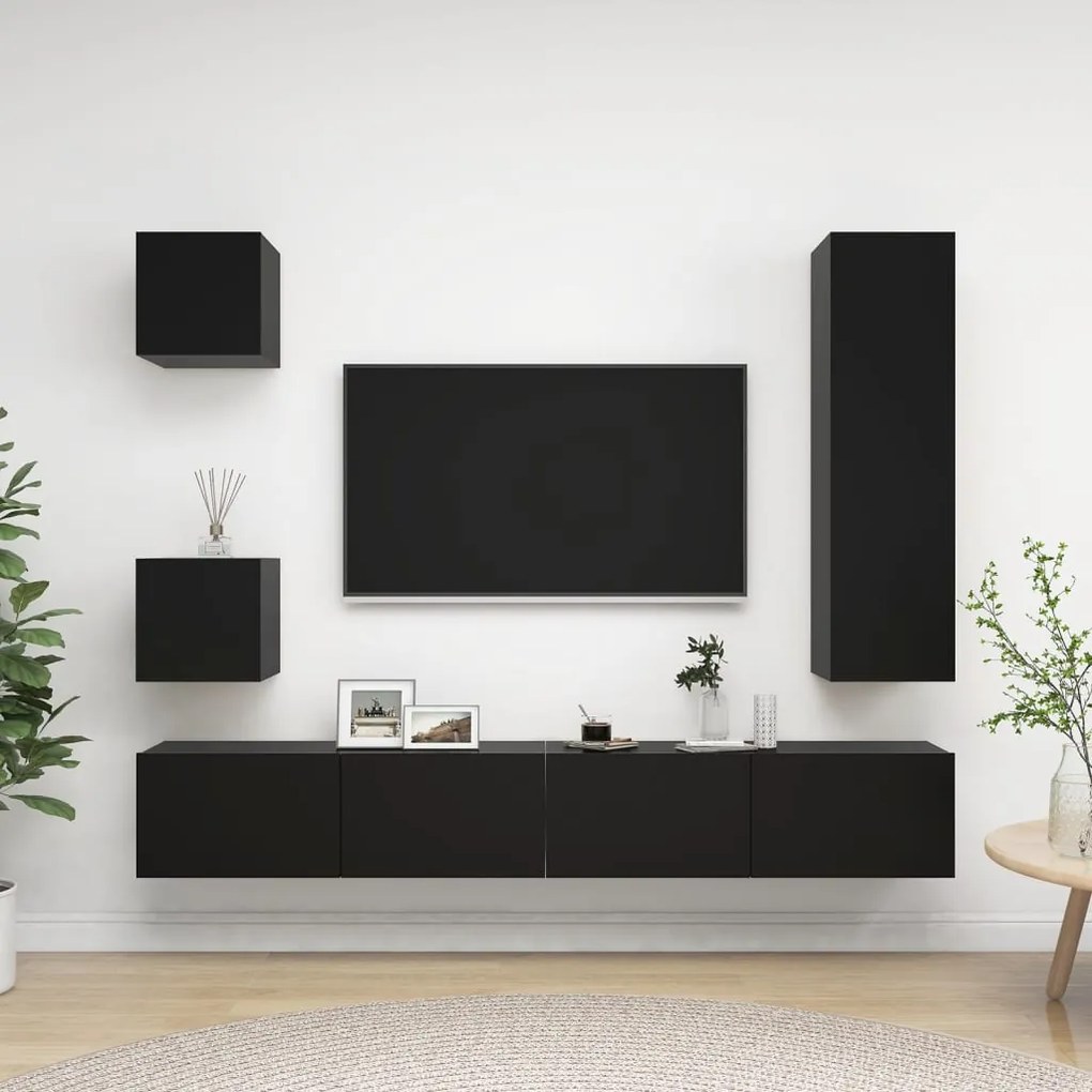 Set Di Mobili Porta Tv 5 Pz Nero İn Legno Multistrato /