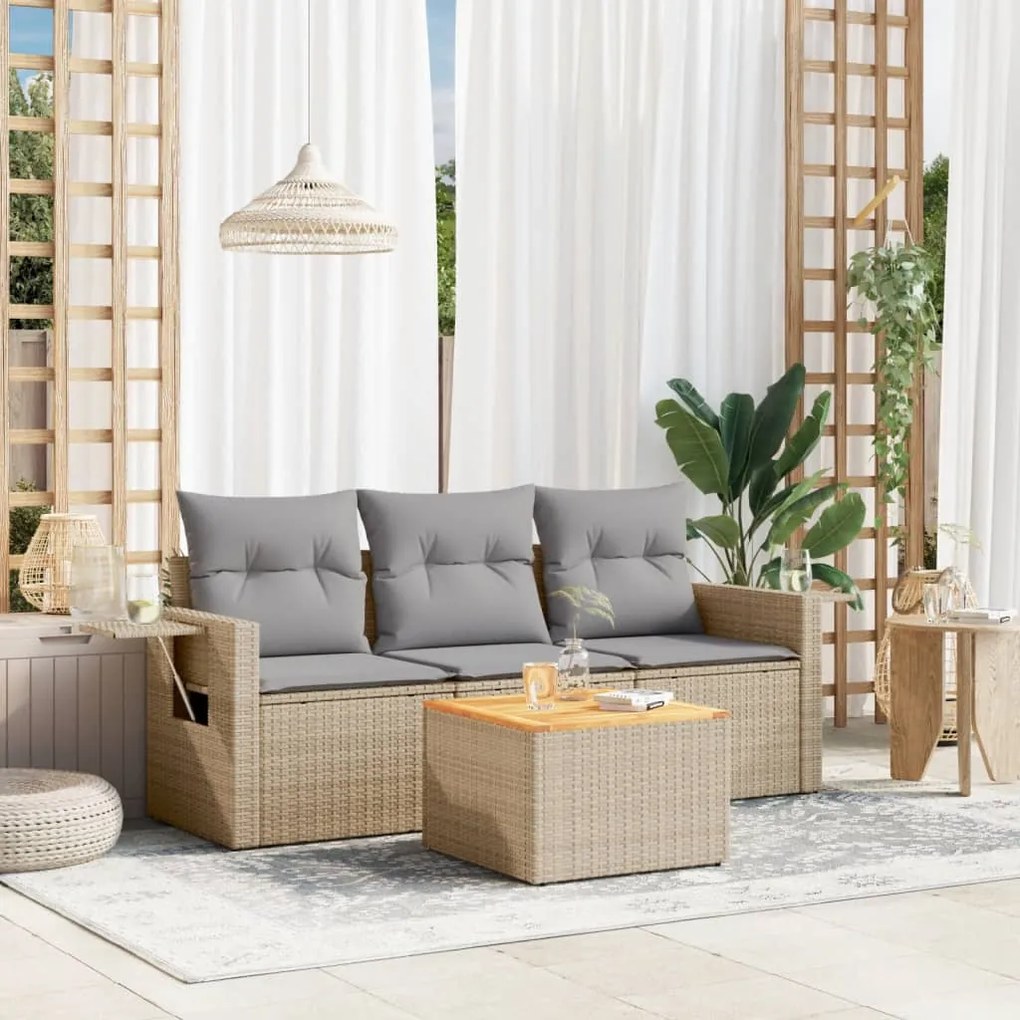 Set Divano da Giardino 4 pz con Cuscini Beige Misto Polyrattan