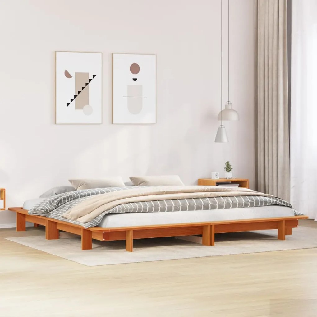 Letto Senza Materasso Marrone Cera 200x200 Cm İn Legno Di Pino /