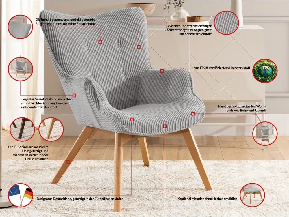 Poltrona grigia con rivestimento in velluto a coste Niko – Ropez