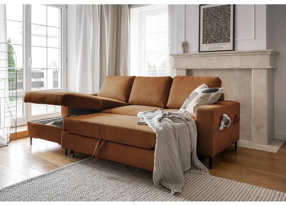 Divano letto angolare in velluto a coste arancione (angolo sinistro) Lofty Lilly - Miuform