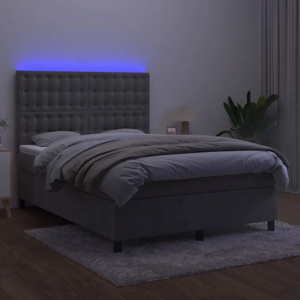 Letto a molle materasso e led grigio chiaro 140x200 cm velluto