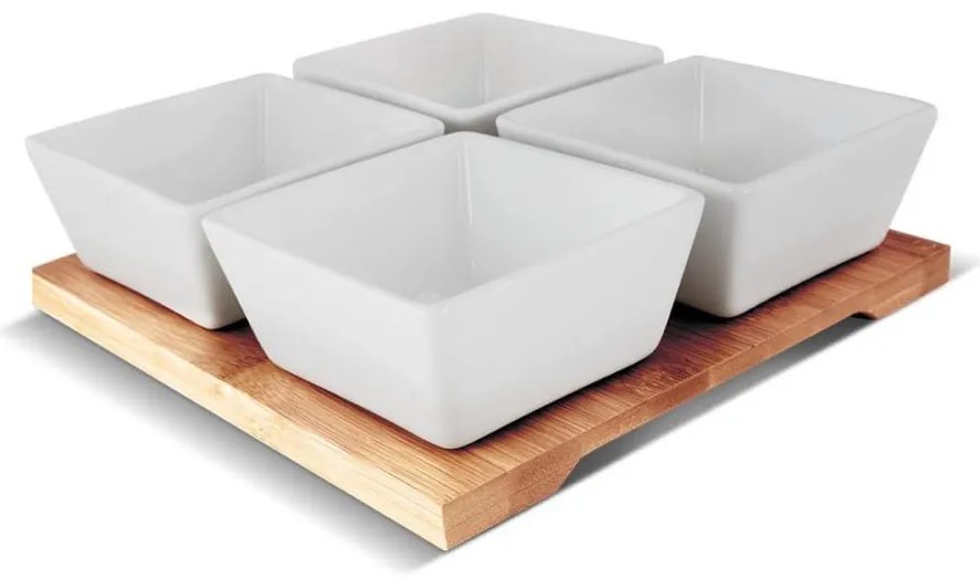Lamart - Set 4 ciotole in porcellana 19x19 cm + vassoio in legno