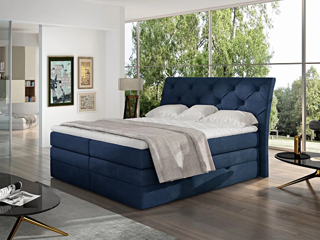 Letto matrimoniale boxspring Salisburgo - 180 x 200 cm , Tessuto blu