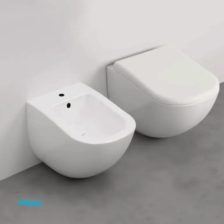 Ceramica Cielo "Fluid" Coppia Di Sanitari Sospesi Bianco Lucido Con Brida