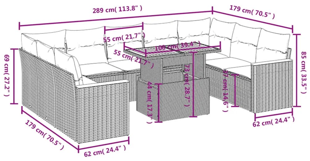 Set divano da giardino 10 pz con cuscini beige in polyrattan